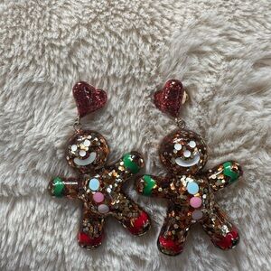 Festive Gingerbread Man Earrings with Red Hearts